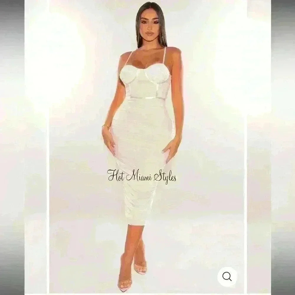WHITE MESH RUCHED PADDED BUSTIER SLIT DRESS